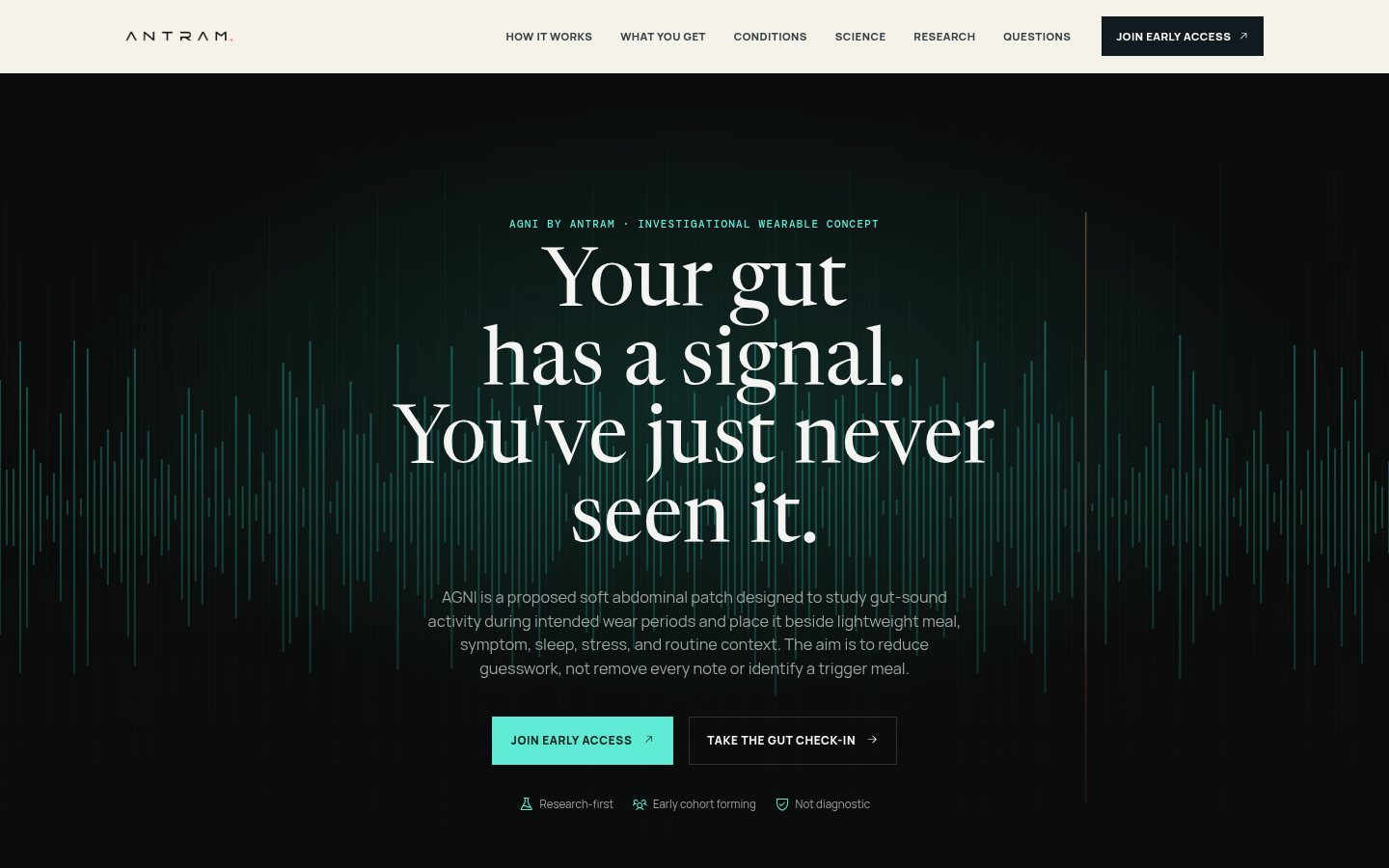 Screenshot of the ANTRAM / AGNI (antram.mastical.com) gut-health wearable homepage