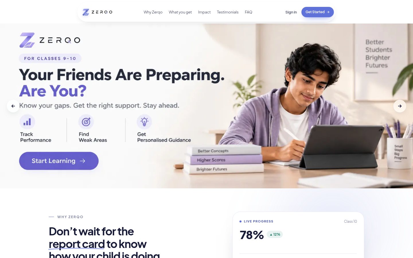 Screenshot of the Zerqo (zerqo.io) homepage, Escalara's learning platform for Classes 9–10